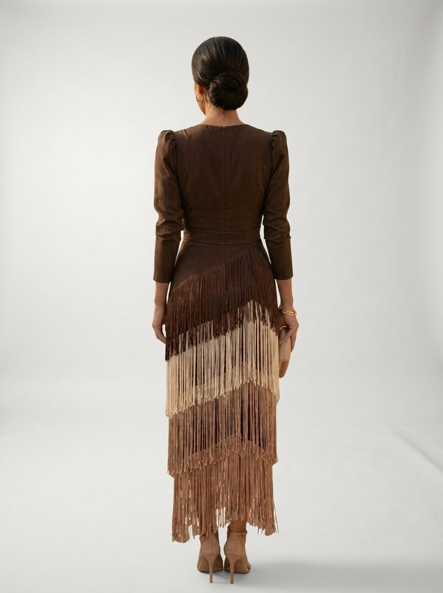 Vestido Flecos LAVRA - vestido flecos detalle tela cacao