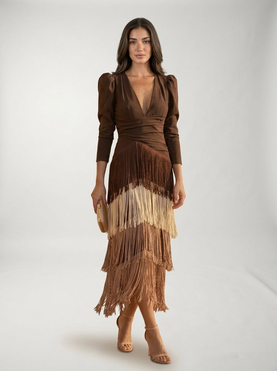Vestido Flecos LAVRA - vestido flecos salvia colores disponibles cacao